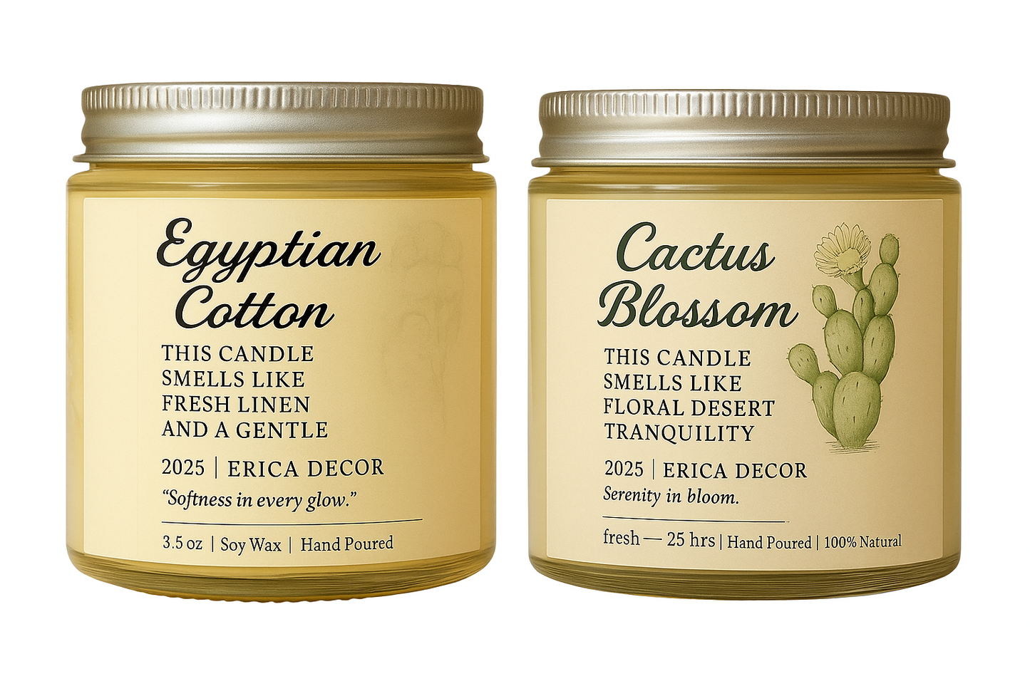 Cactus Blossom & Egyptian Cotton Candle Duo – Fresh Aroma Pair | Erica Decor
